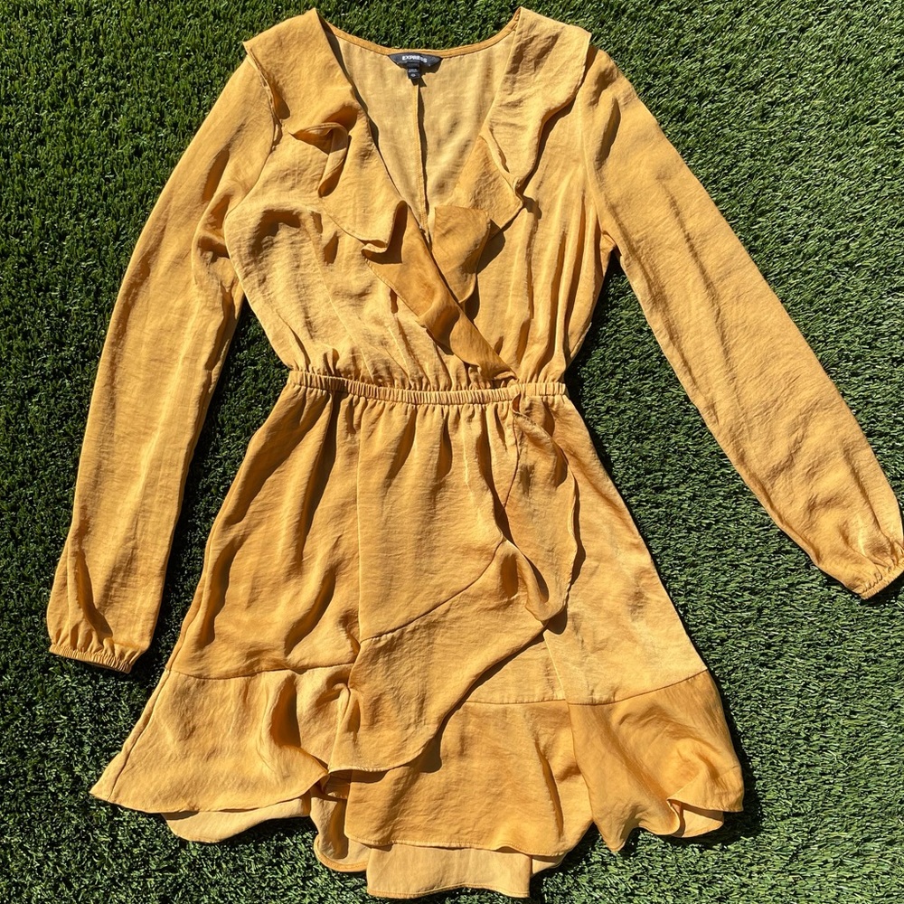 Express Gold Satin Ruffle Front V neck Long Sleeve Dress